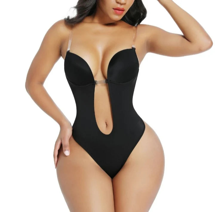 U Plunge Bra Backless Thong Bodysuit-Seamless, Shapewear, Low-cut, Sexy, Comfort