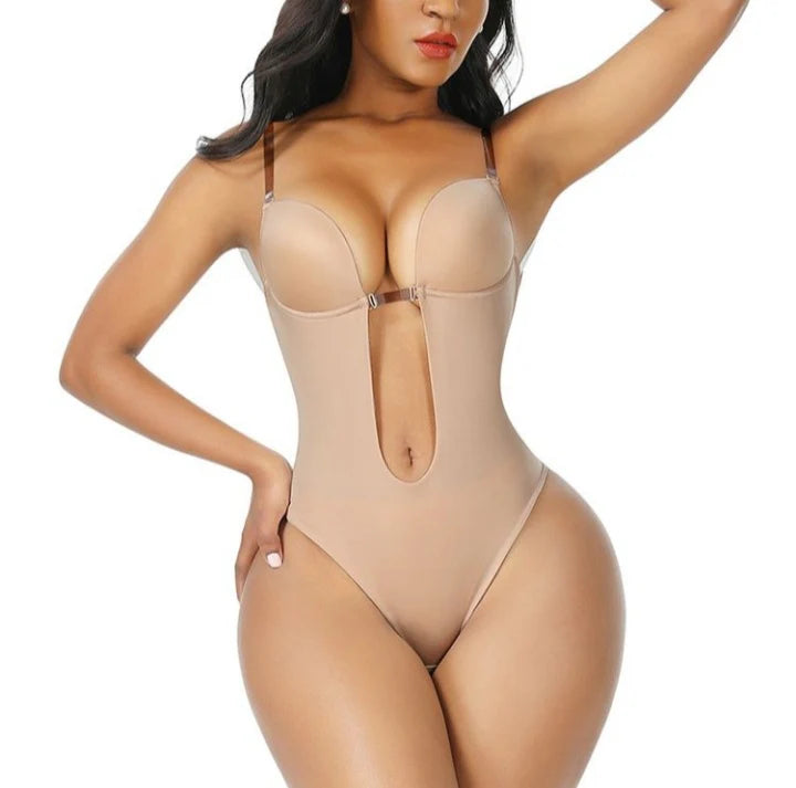 U Plunge Bra Backless Thong Bodysuit-Seamless, Shapewear, Low-cut, Sexy, Comfort