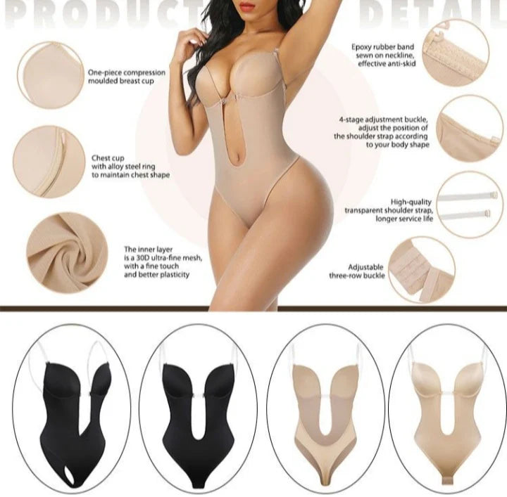 U Plunge Bra Backless Thong Bodysuit-Seamless, Shapewear, Low-cut, Sexy, Comfort