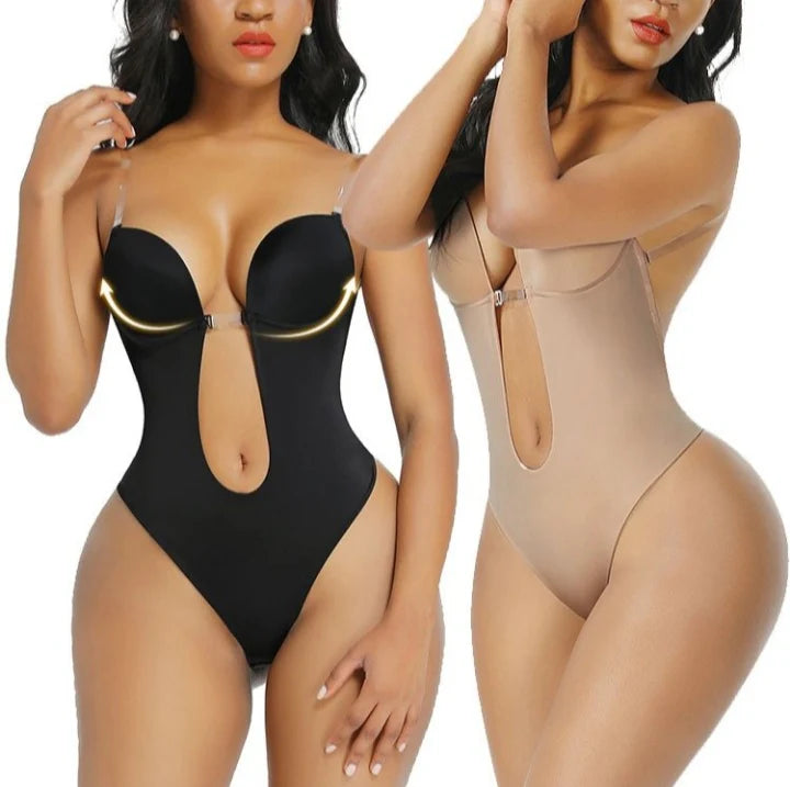 U Plunge Bra Backless Thong Bodysuit-Seamless, Shapewear, Low-cut, Sexy, Comfort